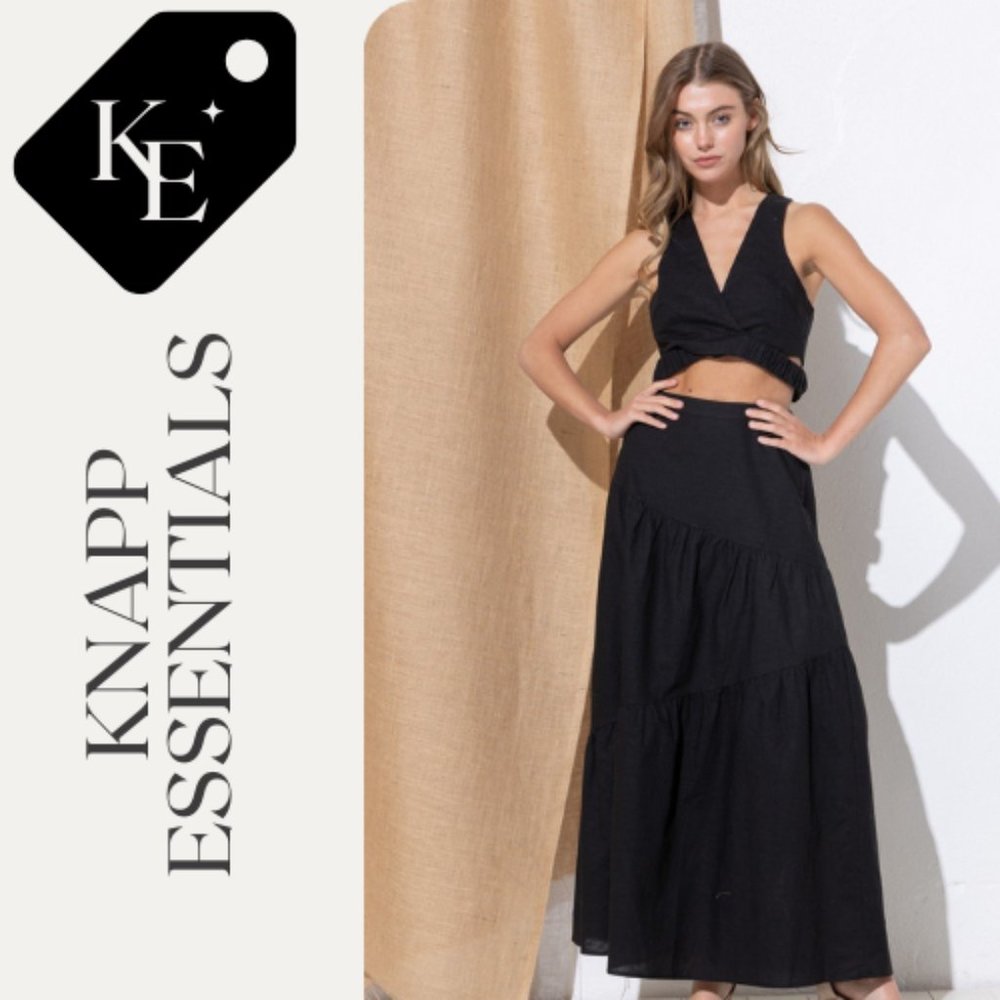 Linen & Cotton Blend Black Tiered Maxi Skirt - Picture 2 of 3